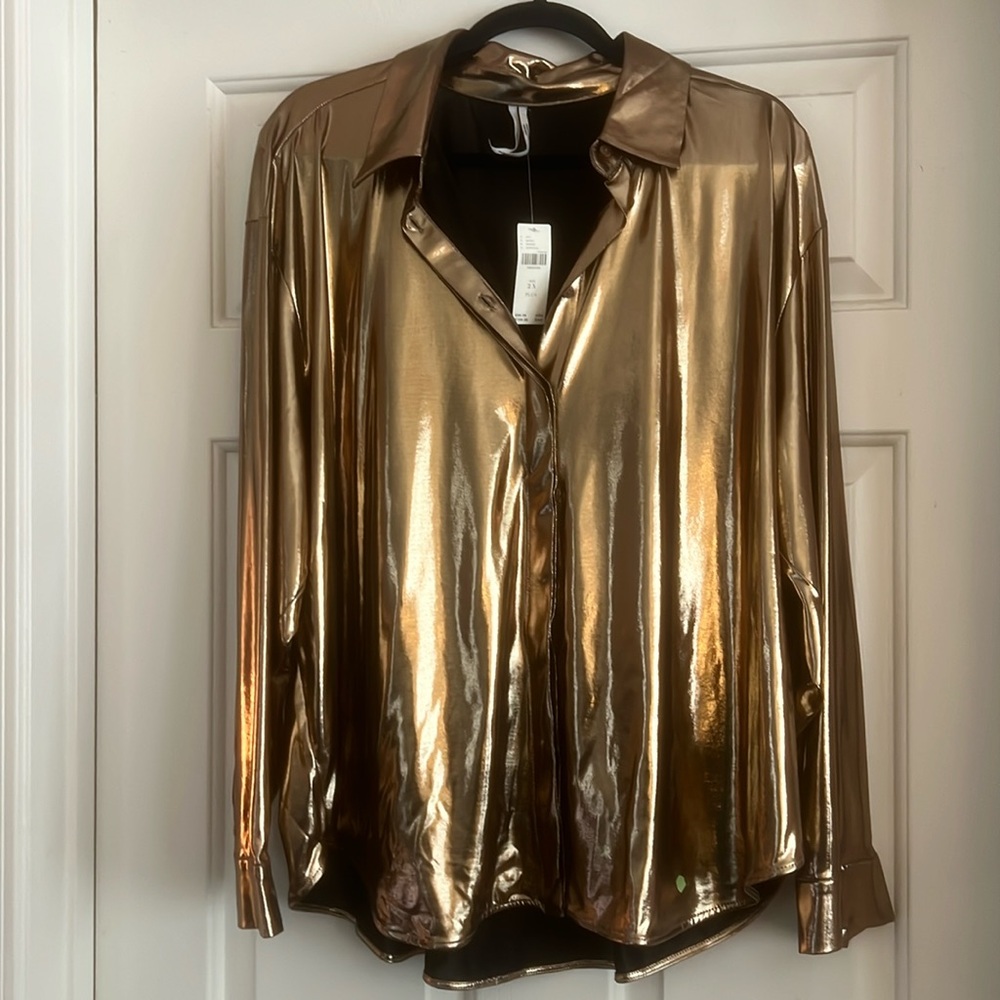 Anthropologie Metallic button down shirt. Color Cooper size 2X